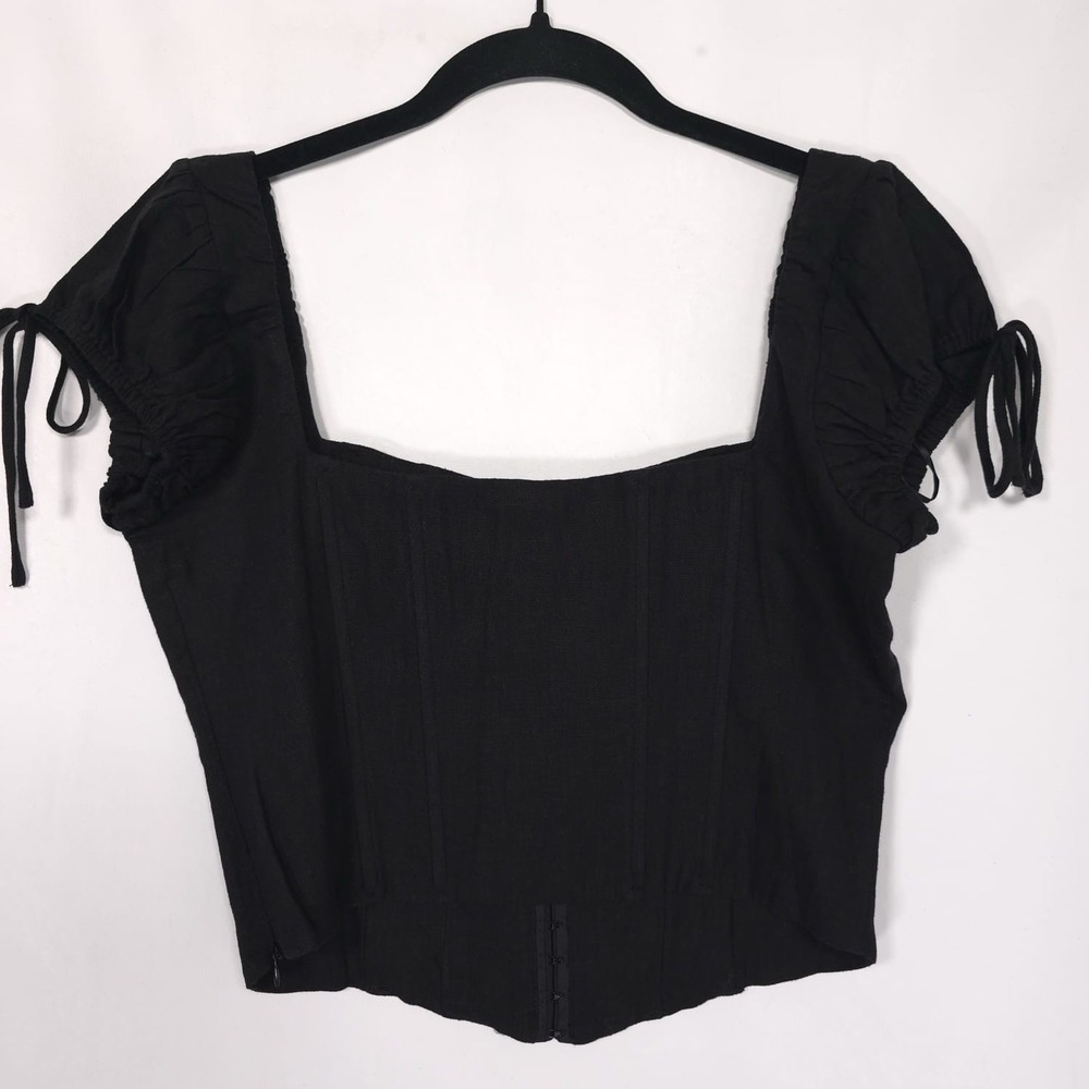 NWT NIA Women's Corset Size L Domenico Black LINEN Blend Top Tie Sleeve NT-1156 - Picture 7 of 11